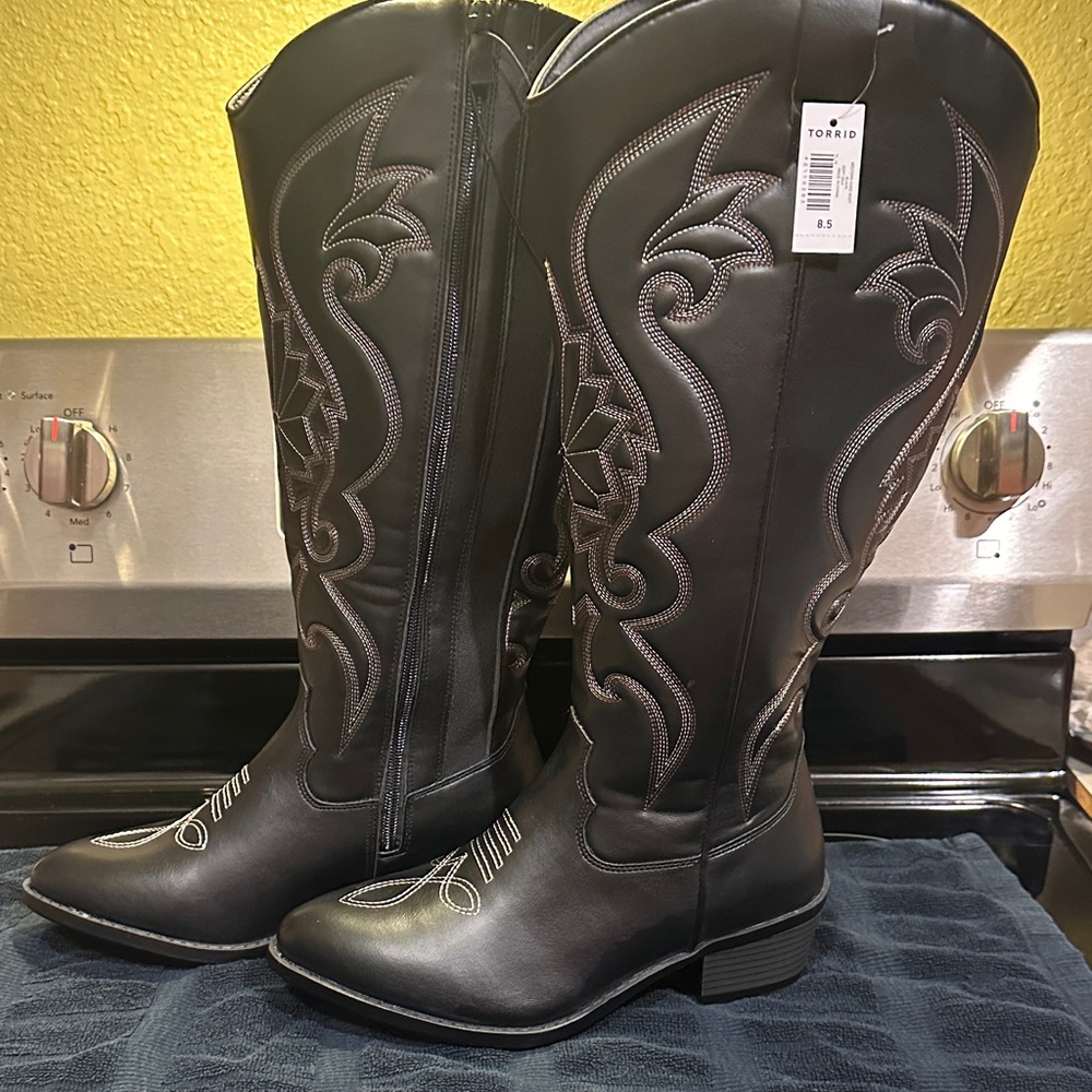 Torrid Black Embroidered Knee-High Boots